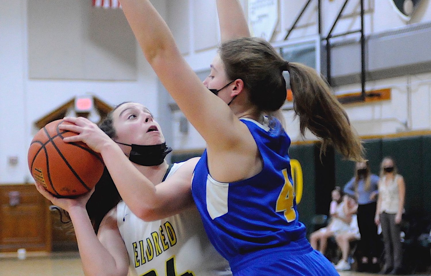 A force to be reckoned with. Eldred’s Lily Gonzalez goes to the glass against Chapel Field’s Jaime Antoni. Gonzalez led the Lady Yellowjackets with 15 points.